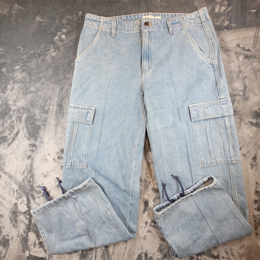 Levis 94 Baggy Cargo Jeans Light Wash Blue Denim Drawstring Hem Size 31